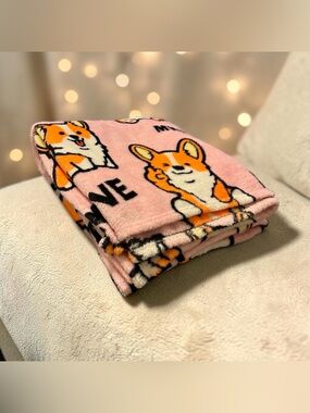 Corgi Love Pink Orange Fleece Throw Blanket Dog Lovers Cozy Lightweight